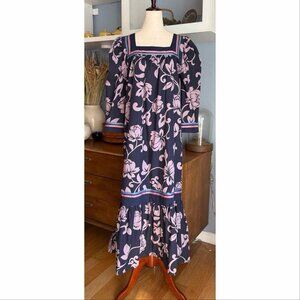 Vintage Almost Paradis Hawaiian Long Dress Small Tropical Flower Ruffle Hem